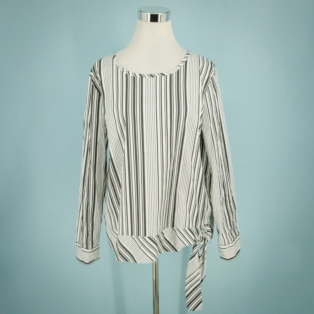 Talbots Size XL White Black Everyday Stretch Poplin Stripe Tie Hem Top Blouse